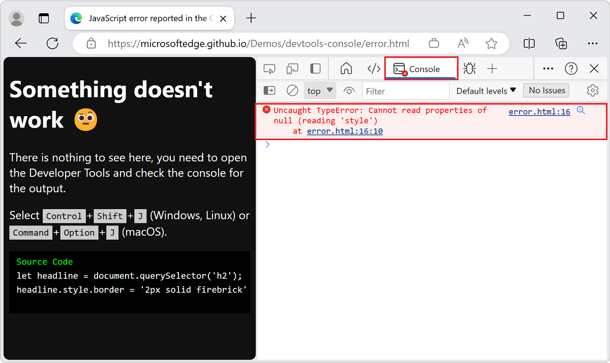 Fix JavaScript errors that are reported in the Console - Microsoft Edge  Developer documentation