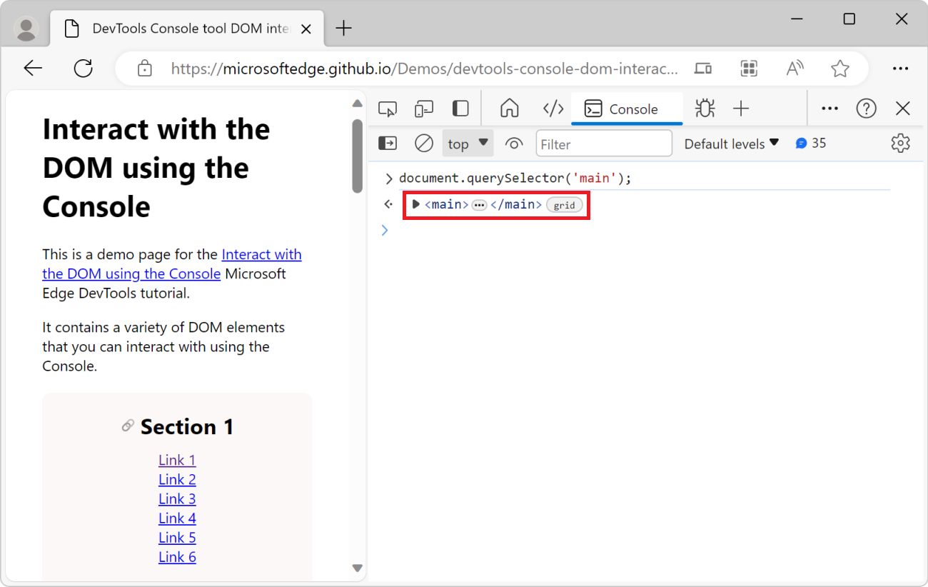 The Console tool of DevTools, showing the document.querySelector expression, and the resulting main element