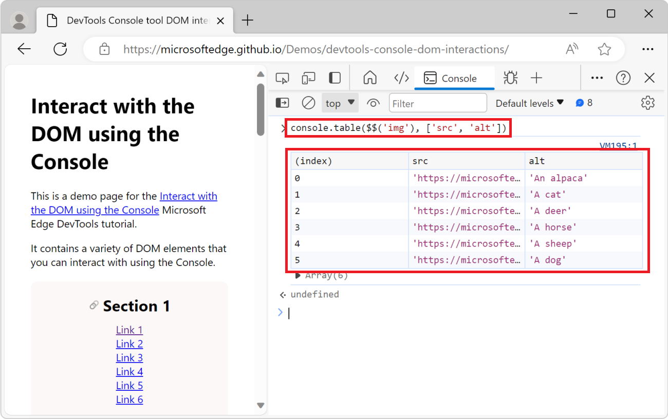 The console tool, showing the console.table() function and a table listing all images