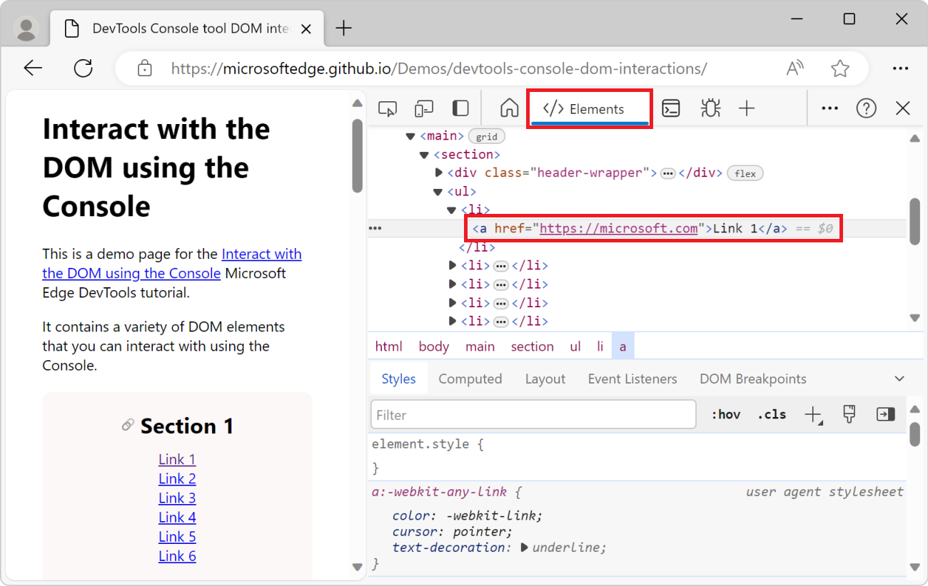 The Elements tool in DevTools, with the link element selected