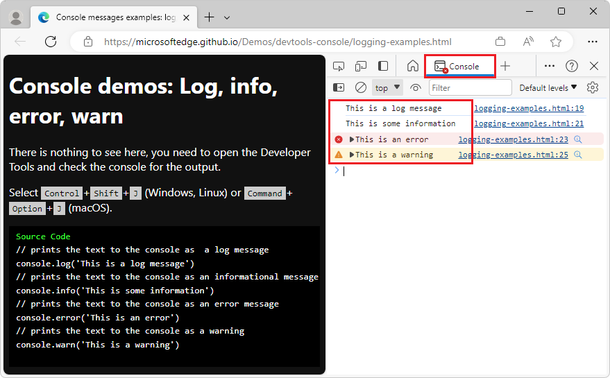 The Console shows the messages from different log APIs