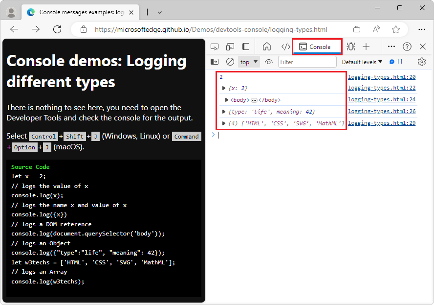 Log messages in the Console tool - Microsoft Edge Development | Microsoft  Learn