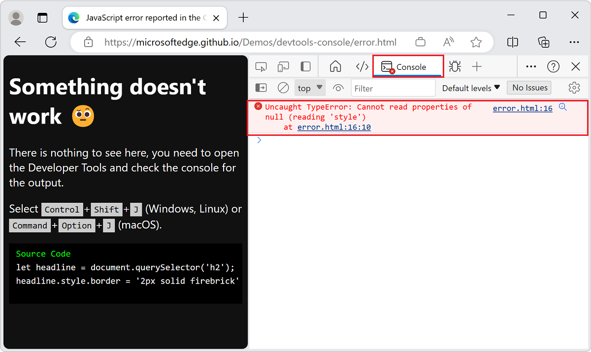 DevTools gives detailed information about the error in the Console