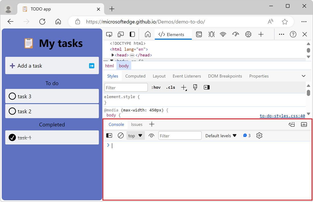 The Console tool in the Quick View toolbar