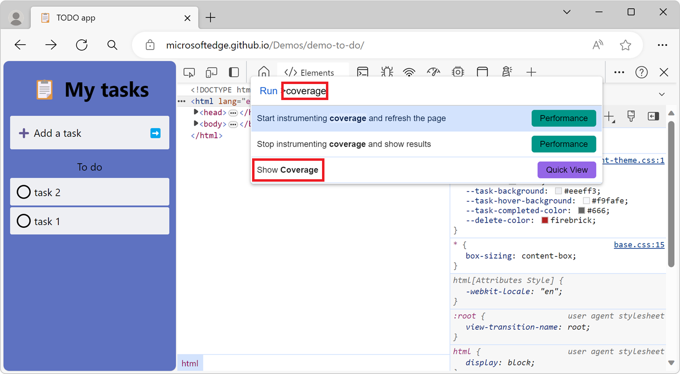 The Command Menu pop-up in DevTools, showing the Show Coverage command