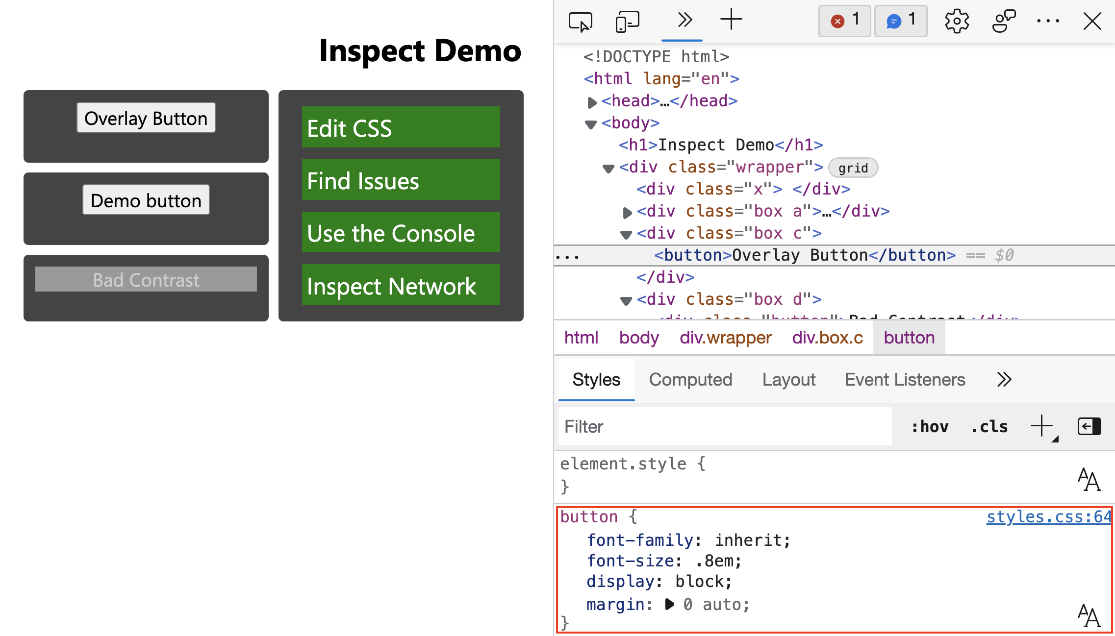 When you click an element in the rendered page, the Styles tool shows the styles that are applied to the element