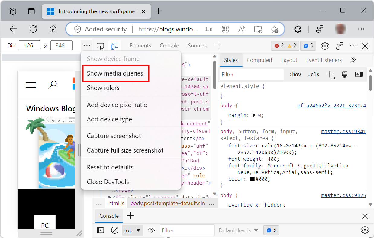 Showing Media Queries in the Device Toolbar