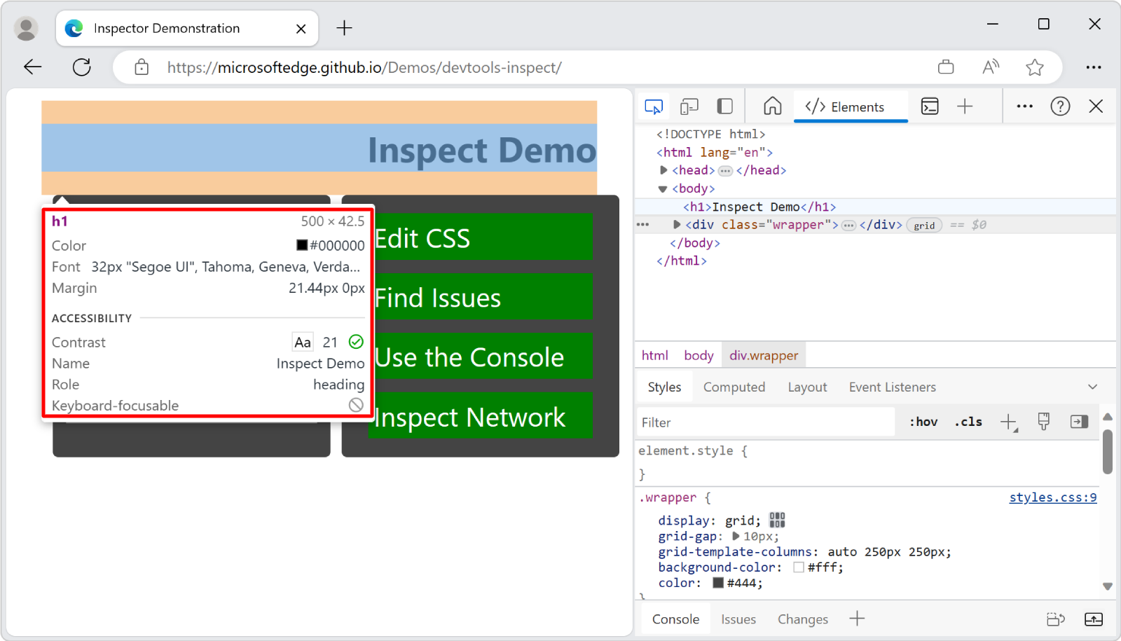 The Inspect tool overlay on a rendered page, showing information about an h1 heading element