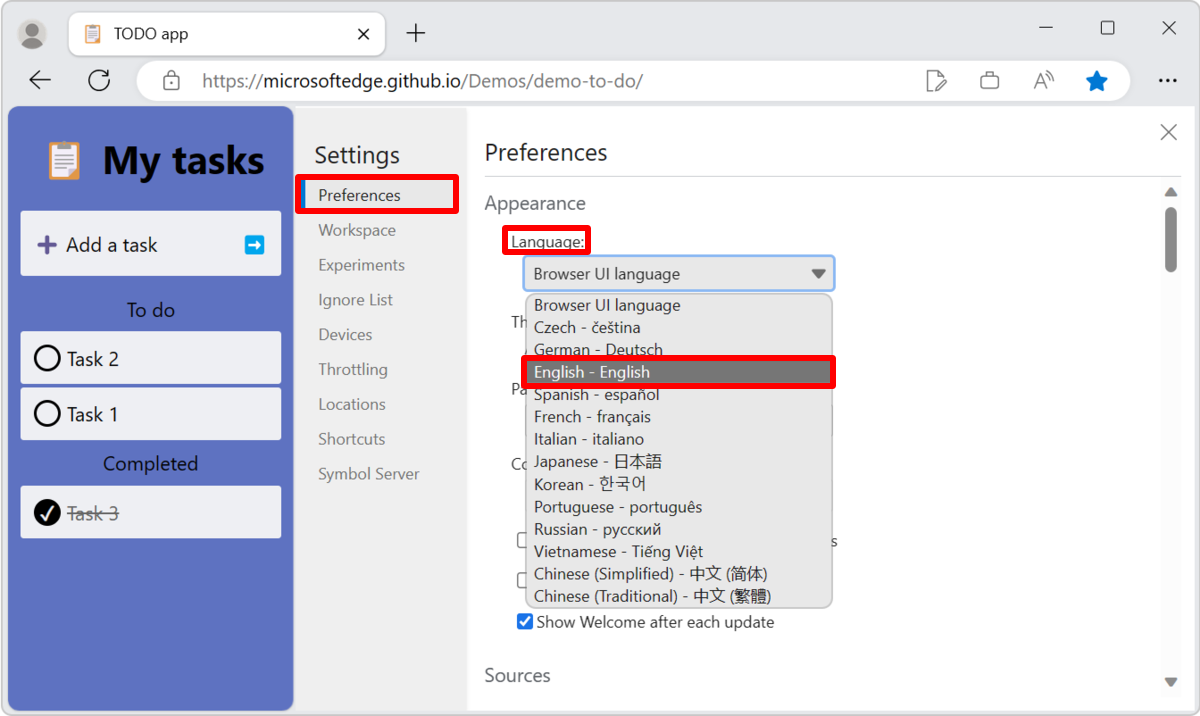 The use 'Browser UI language' setting in the Preferences page of Settings