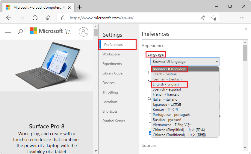 The use 'Browser UI language' setting in the Preferences page of Settings.