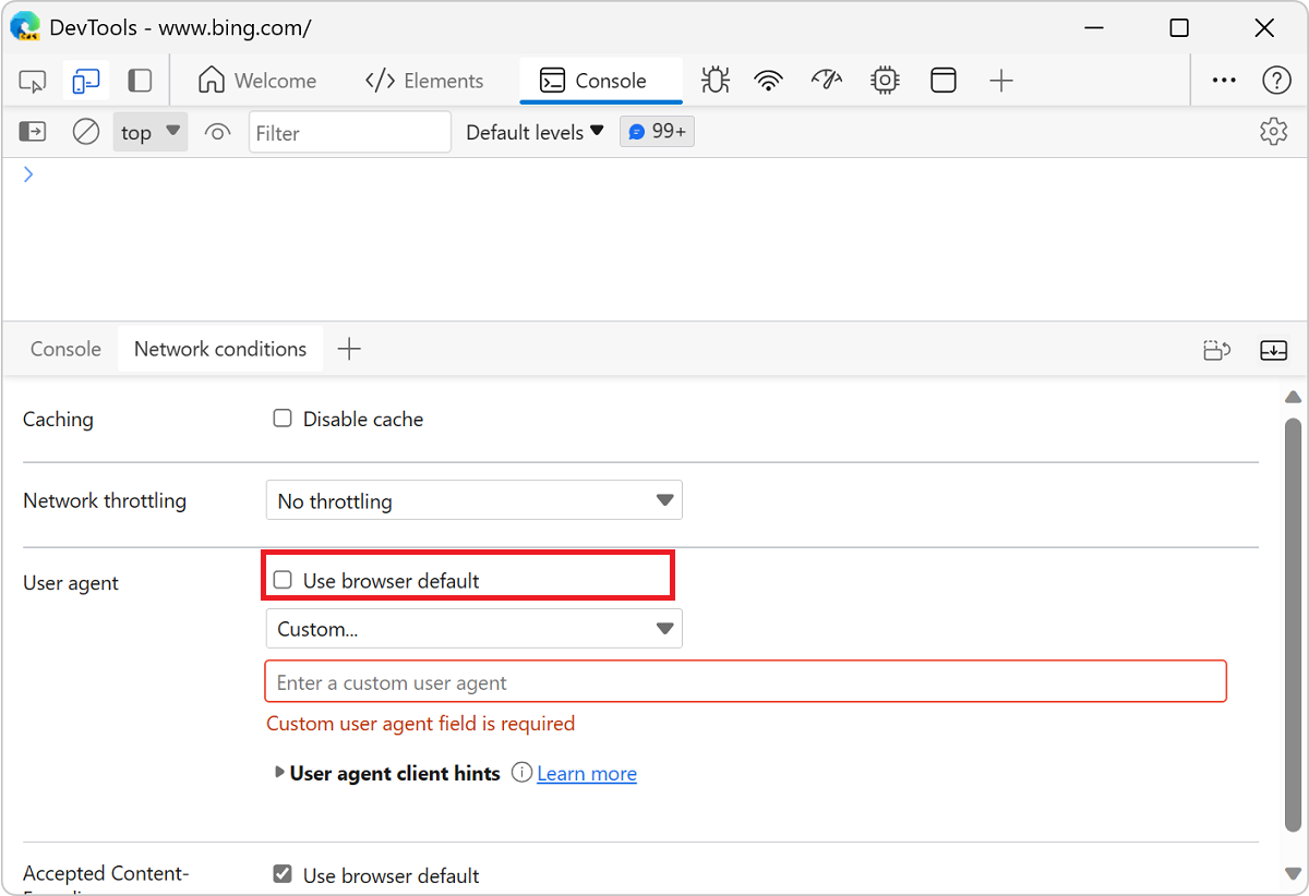 Clearing the 'Use browser default' checkbox