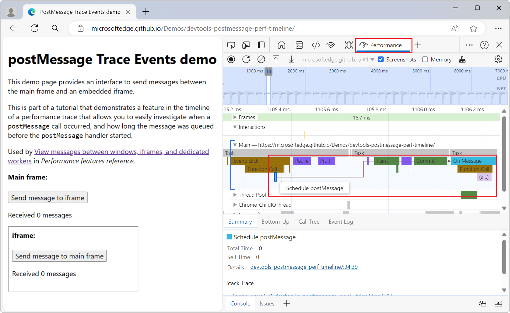 "Schedule postMessage" events and "On Message" events in the Performance tool