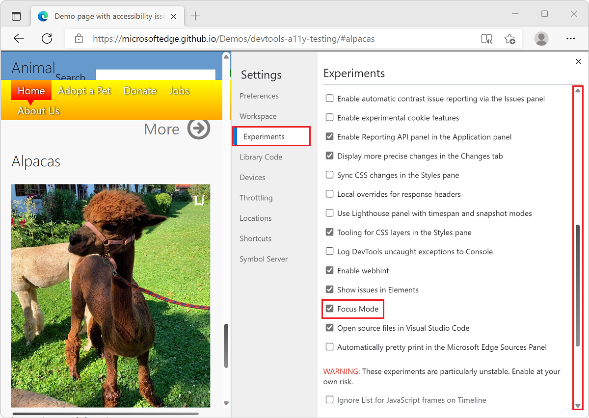 The Settings page in DevTools, showing the Experiments tab, scrolled down to the Focus Mode checkbox.
