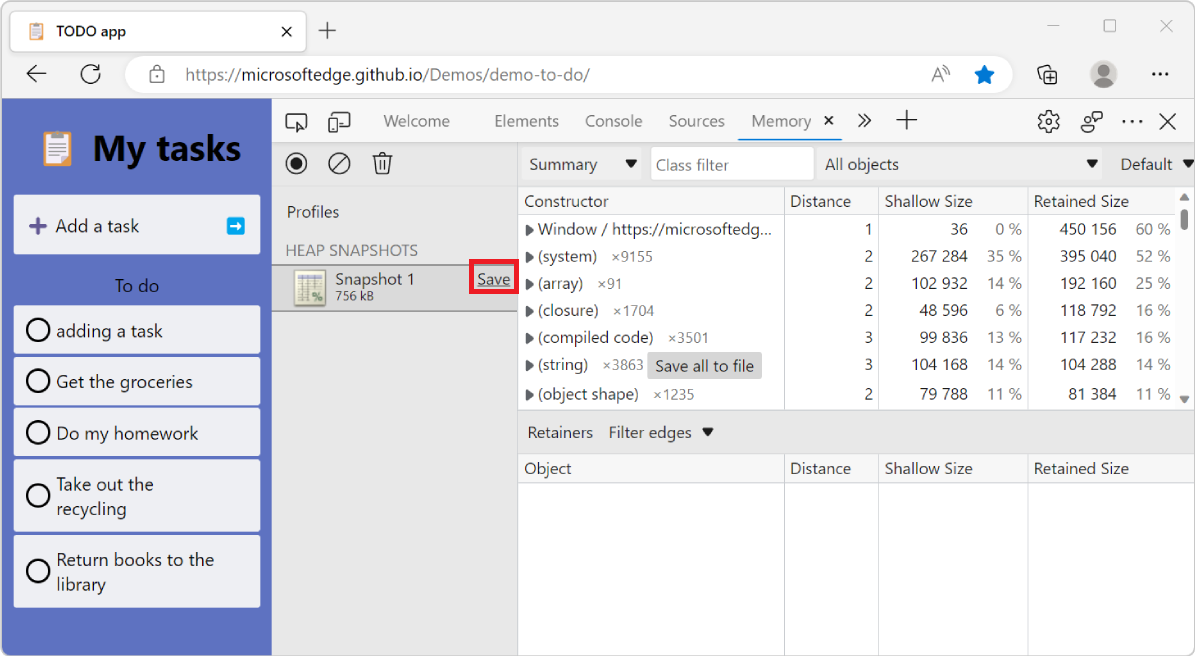 Microsoft Edge with DevTools, showing the Memory tool, with the Save button