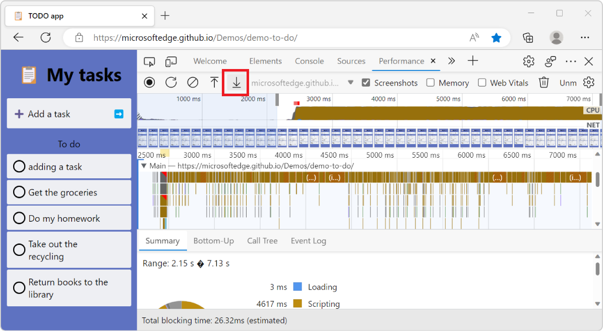 Microsoft Edge with DevTools, showing the Performance tool, with the Save profile button