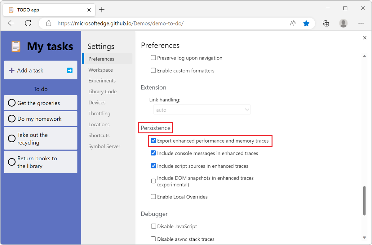 The Settings panel in DevTools, with the enhanced traces option checked