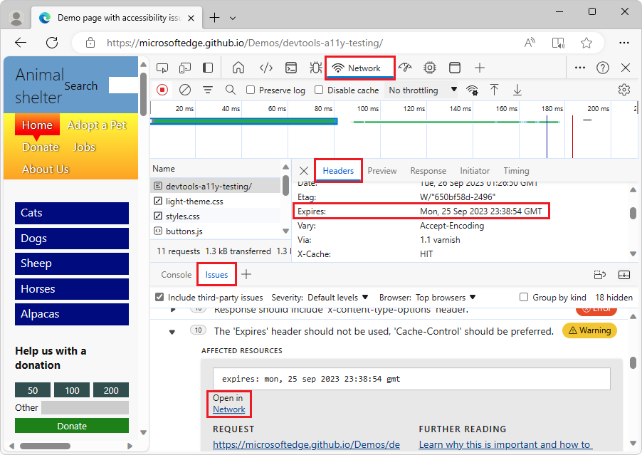 The Network tool opens when you select a Network resource link