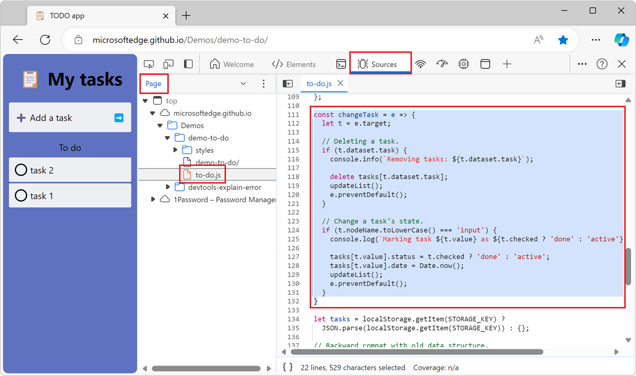 The Sources tool in Edge, with the to-do.js file open, and a few lines of code selected