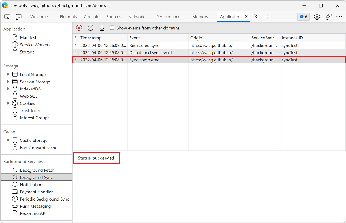 View the details of an event in the Background Sync pane.