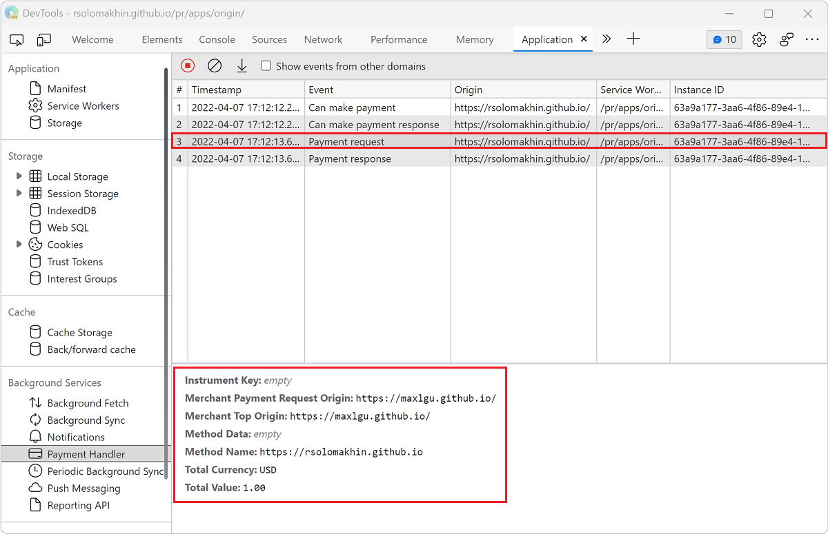 View the details of an event in the Payment Handler pane.
