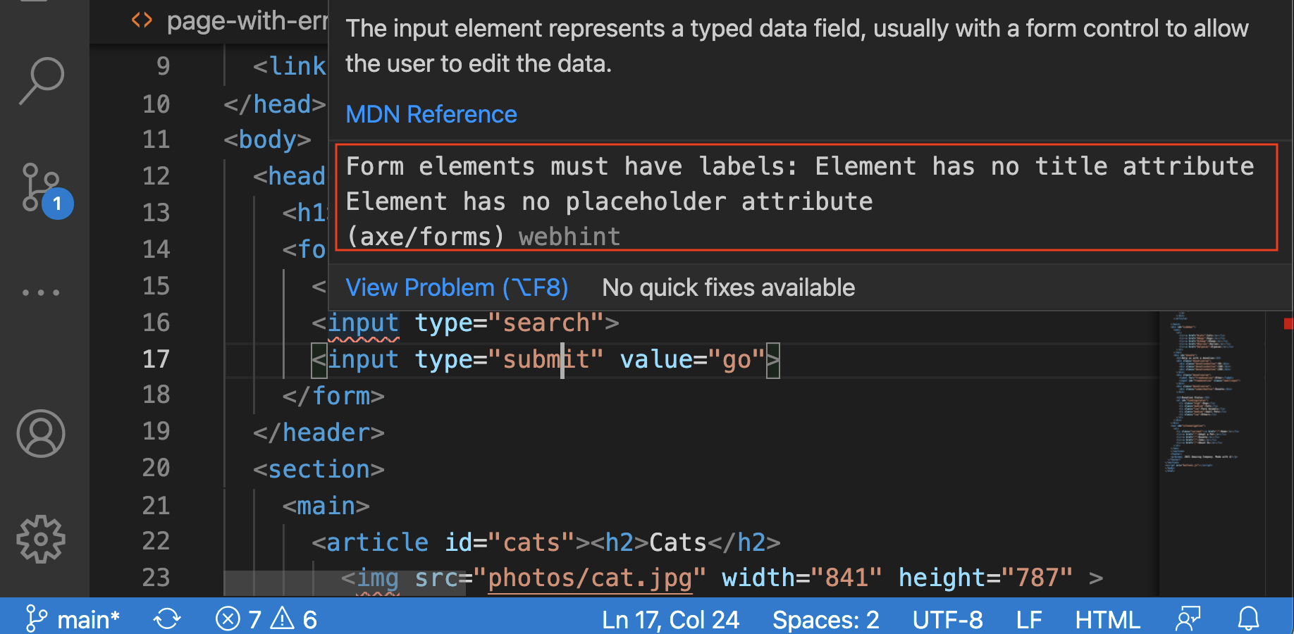 Webhint in Visual Studio Code, showing an accessibility issue by underlining the HTML element and showing an explanation of the problem.