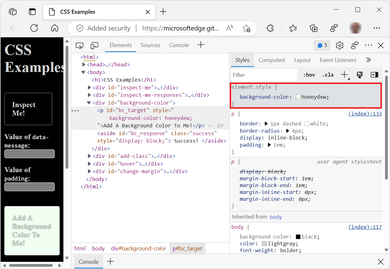 Get started viewing and changing CSS - Microsoft Edge Development |  Microsoft Learn