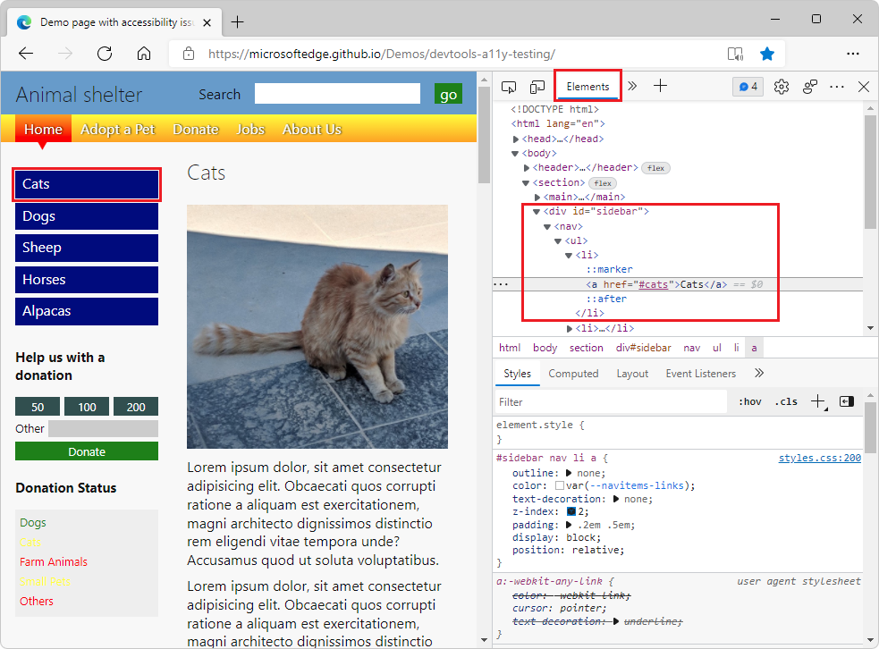 DevTools opens, with the right-clicked element highlighted in the Elements tool