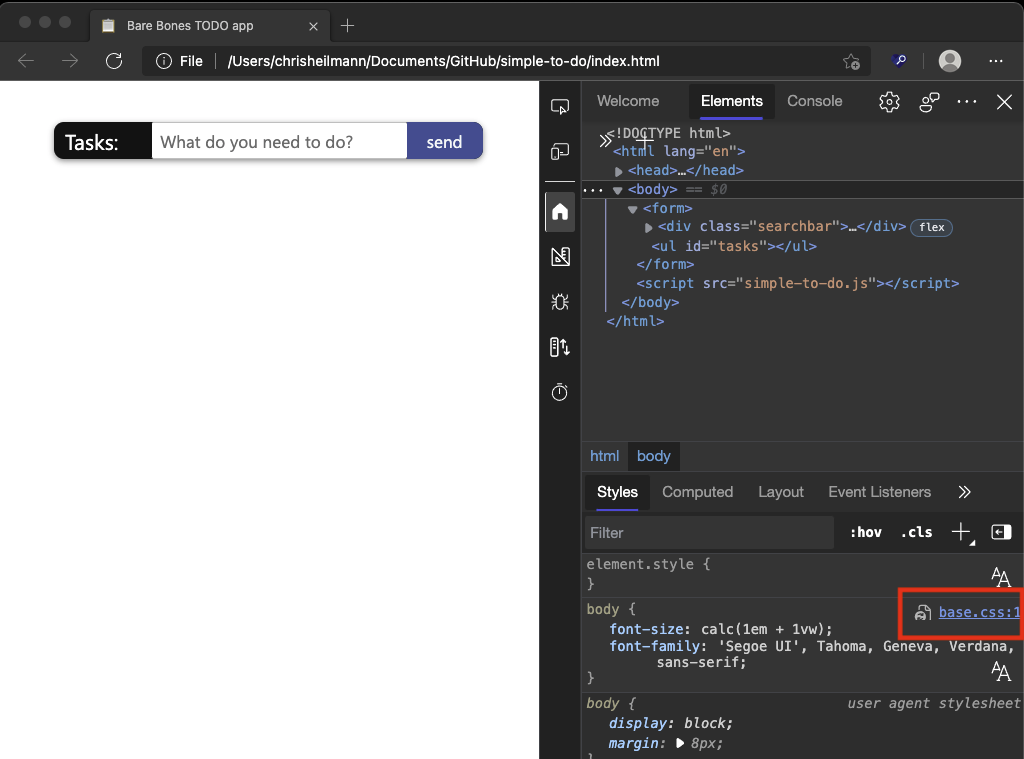 Selecting a file link in the Styles tool opens the file in Visual Studio Code