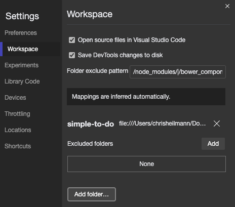 The settings pane of the workspace showing several options