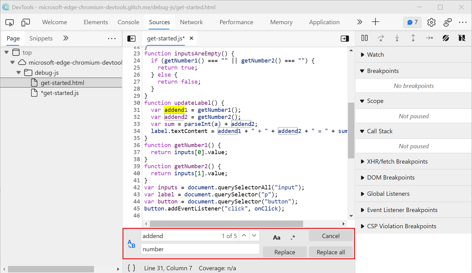 Find and Replace, in the Editor pane of the Sources tool