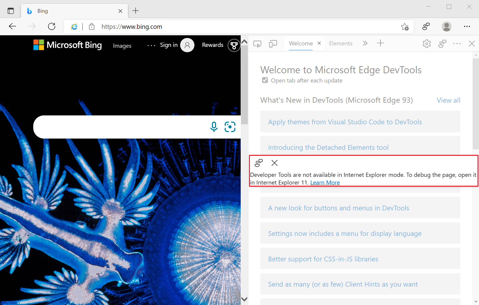 DevTools launched in IE mode