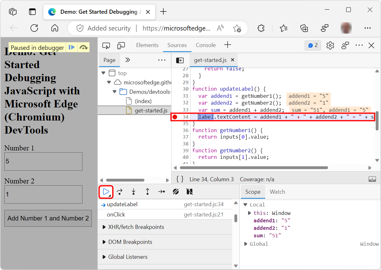 DevTools pauses on the line-of-code breakpoint on line 34