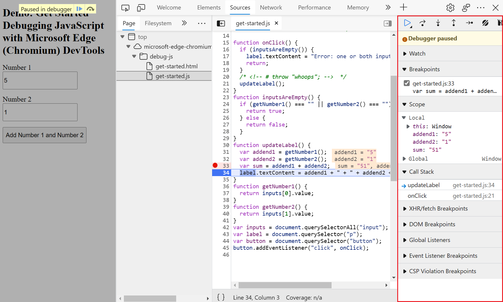 The Debugger pane of the Sources tool  