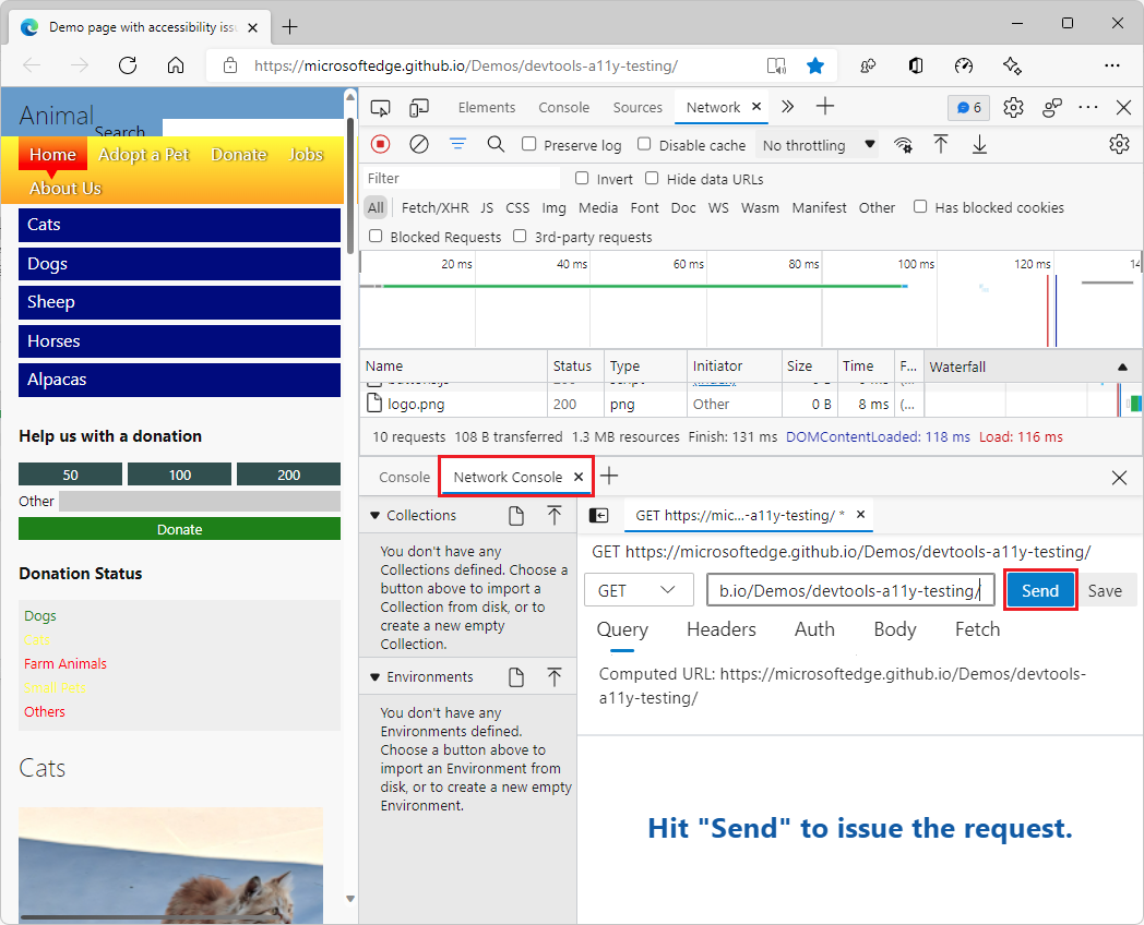 Compose and send web API requests using the Network Console tool -  Microsoft Edge Development | Microsoft Learn