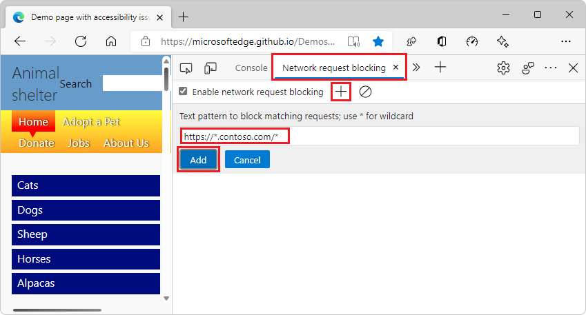 Blocking the https://.contoso.com/ URL pattern in the network request blocking tool