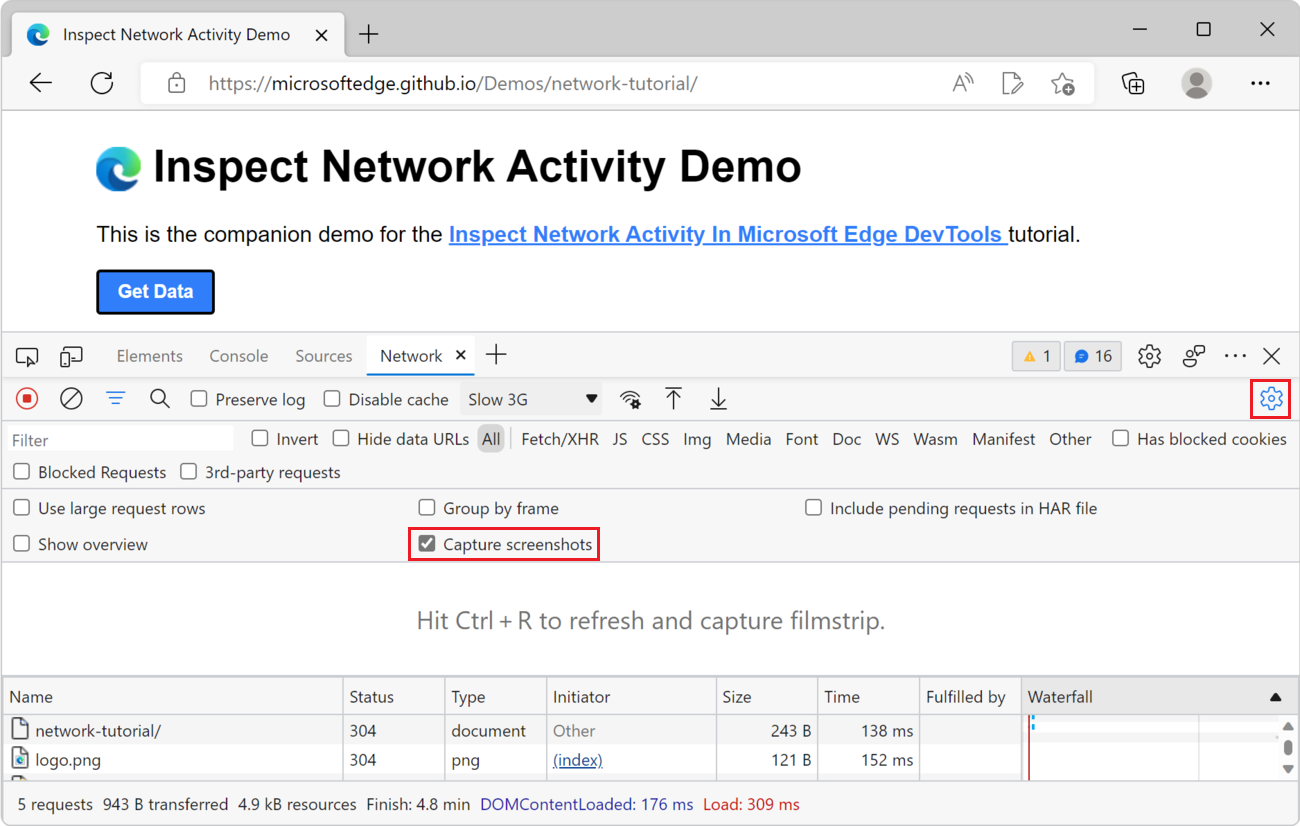 The Capture Screenshot checkbox in the Network settings