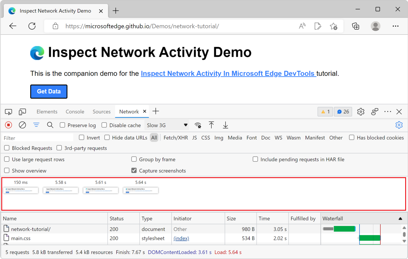 Screenshots of the page load