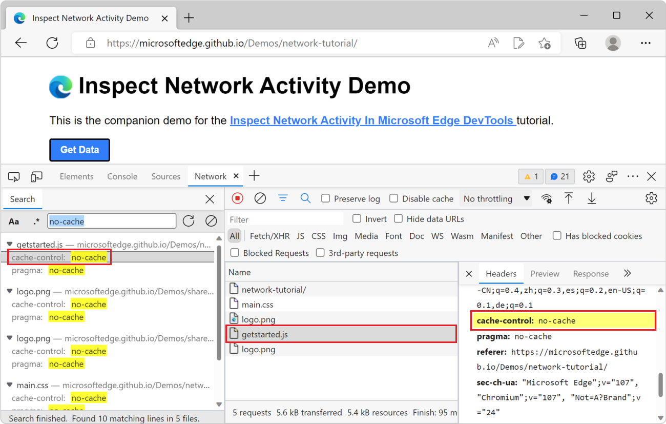 A search result highlighted in the Headers panel