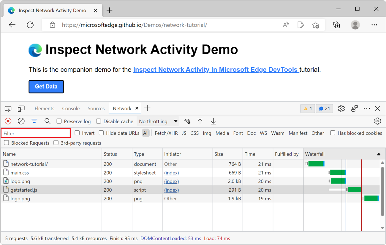 The filter text box of the Network tool