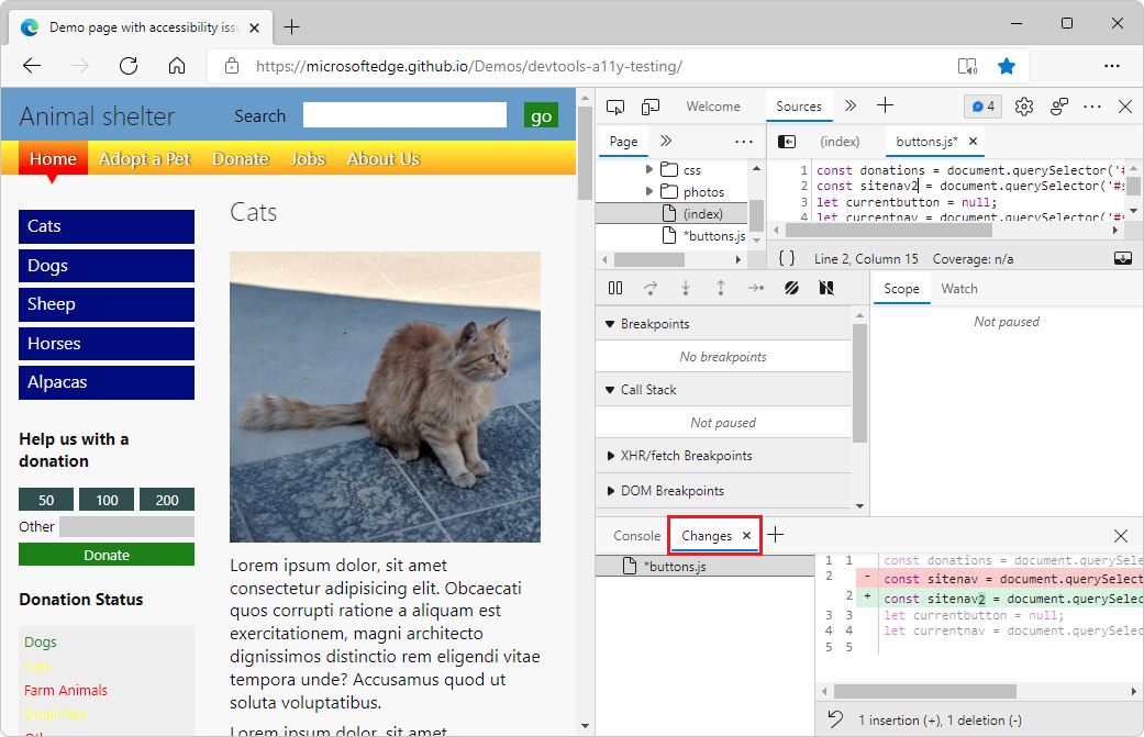 DevTools with the Changes tool open