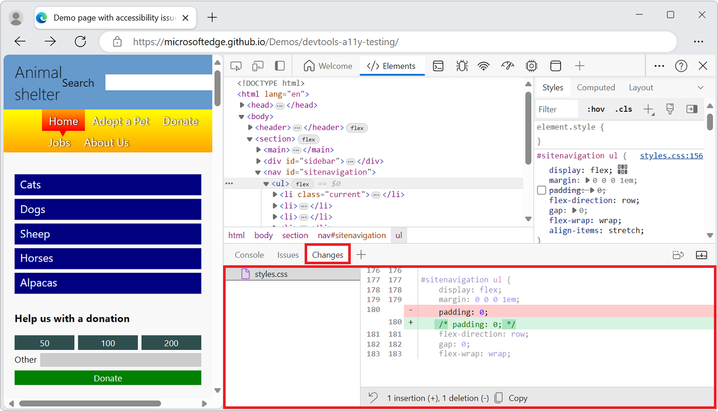 DevTools with the Changes tool open in the Quick View panel