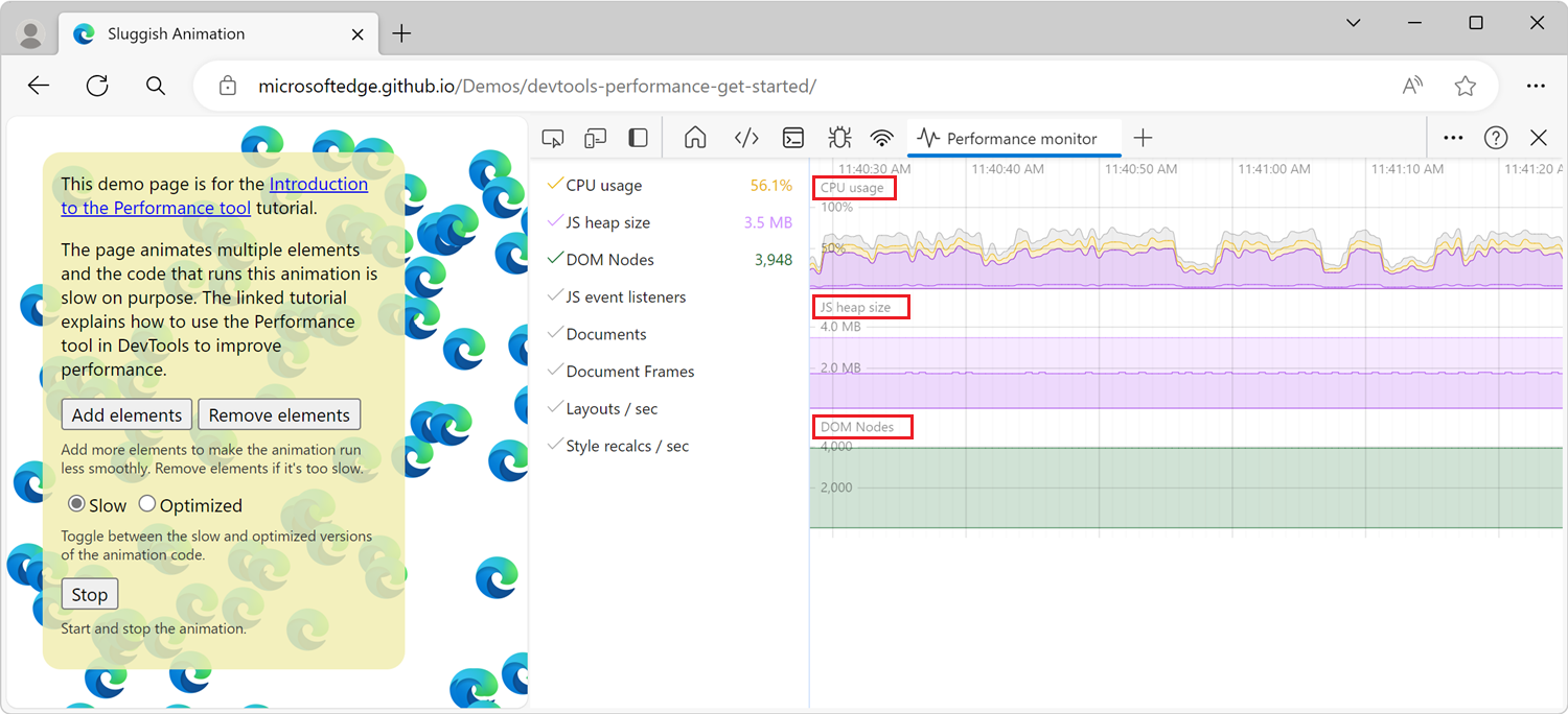 What the Performance monitor tool looks like when it is first opened