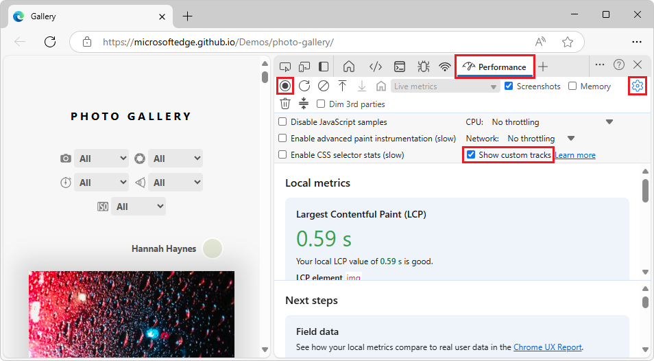 The 'Show custom tracks' checkbox in the 'Capture settings' of the Performance tool