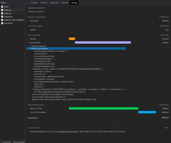 Service worker timeline in the Network tool