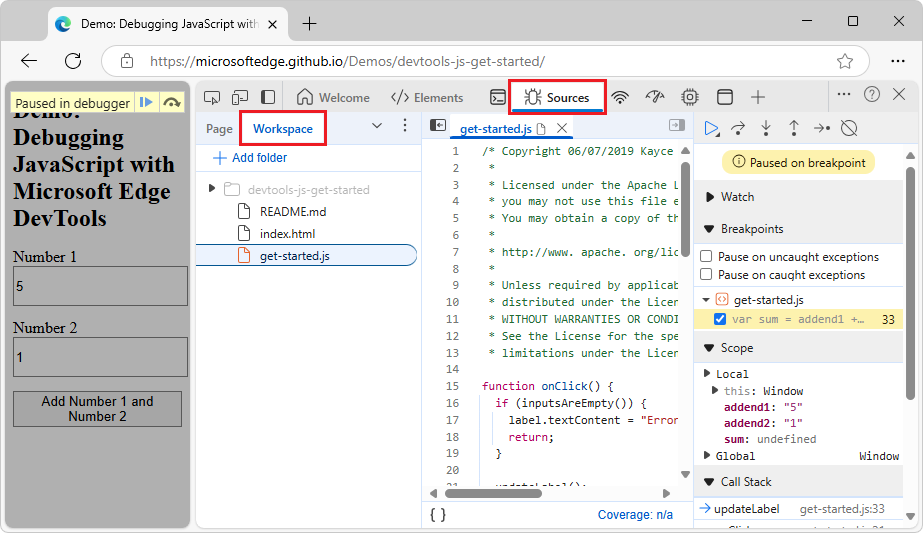 The Workspace tab in the Sources tool