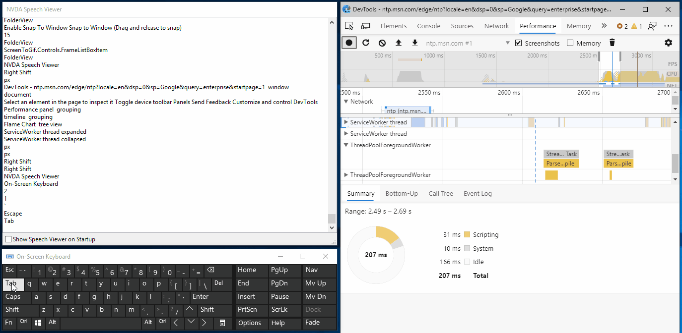 The Performance tool in the DevTools with the keyboard navigation and screen reader improvements