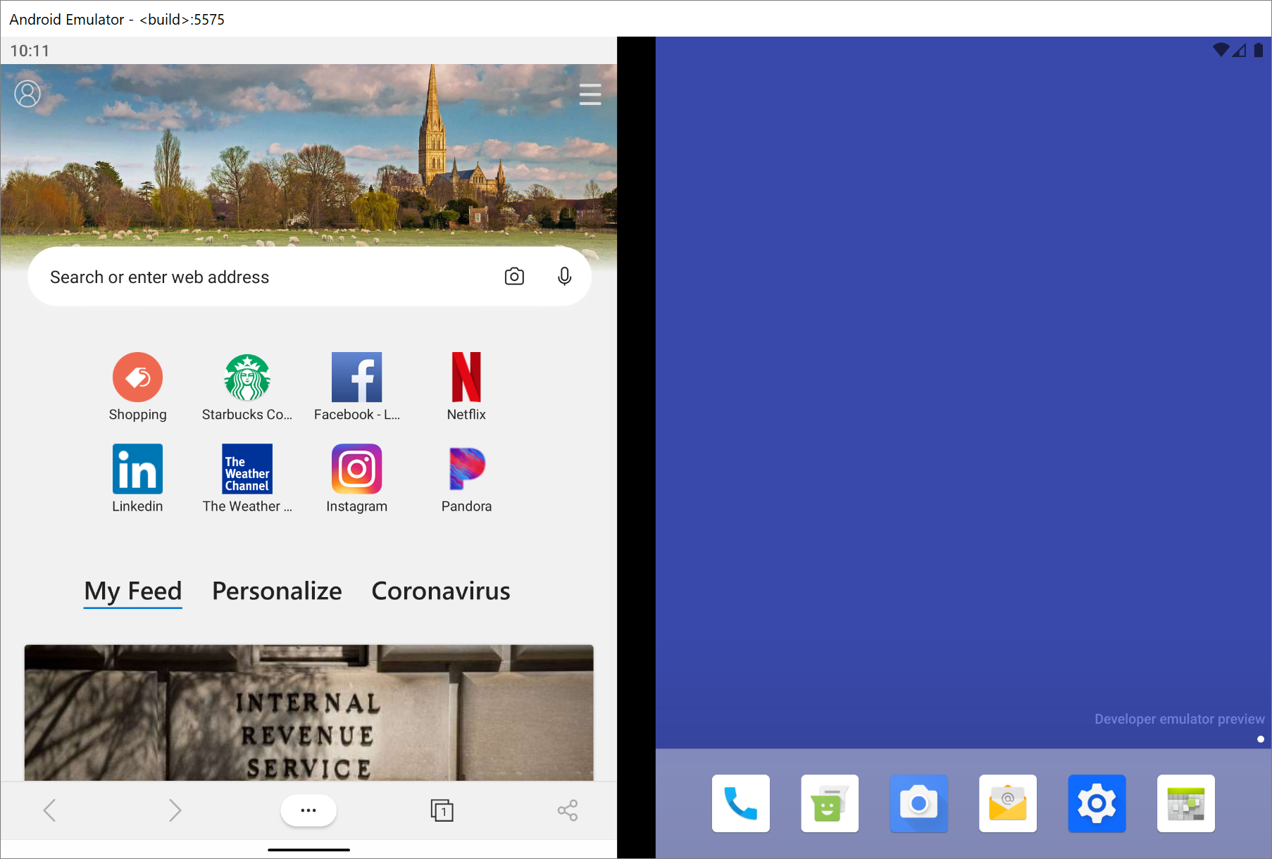 The Microsoft Edge app running on the Surface Duo emulator
