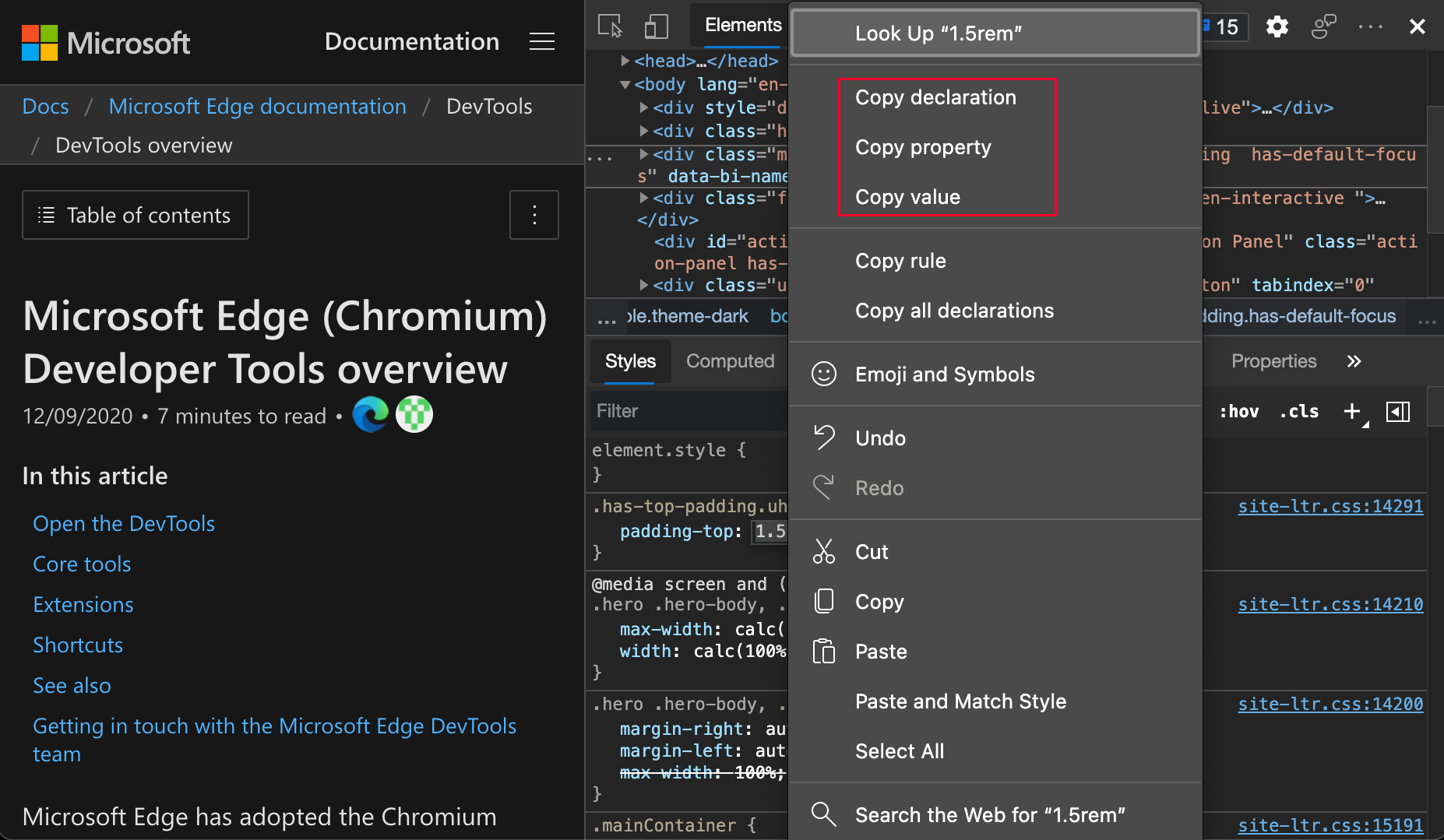 Copy options for a CSS property in the right-click menu