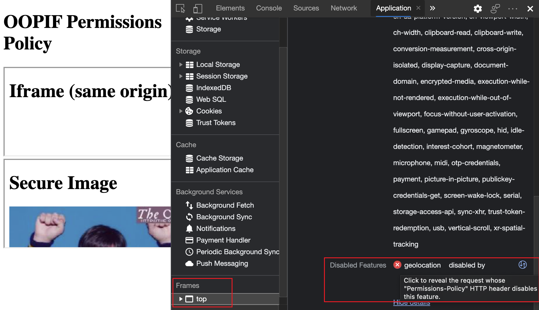 Blocked features in the Frame details view