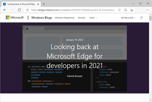 Screenshot of the blog post: Looking back at Microsoft Edge for developers in 2021